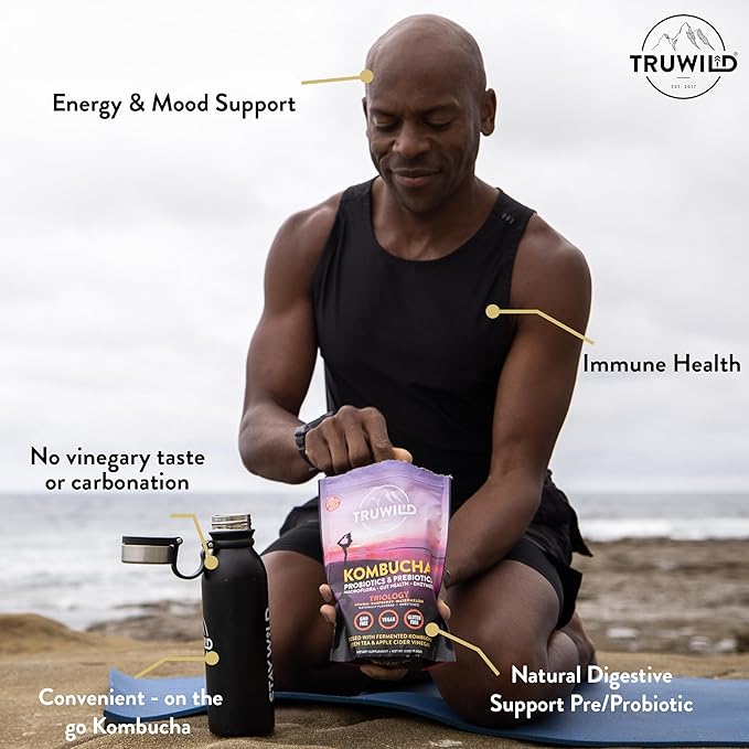 TruWild Natural Kombucha Powder Probiotic Supplement Vegan Drink Mix – Gut Health Digestive Enzymes w/Live Cultures + Apple Cider Vinegar &amp Prebiotics – 20 Servings