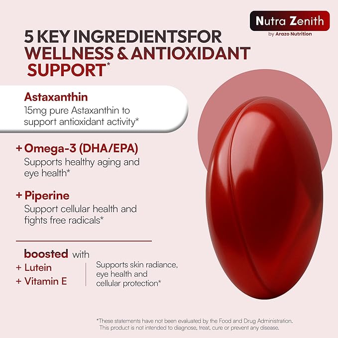 Astaxanthin Supplement with Omega-3 Vitamin E &amp Lutein – 60 Capsules for Super Antioxidant Support Energy Boost Mental Clarity &amp Eye/Skin Care – Triple-Action Formula (Powerful Antioxidant