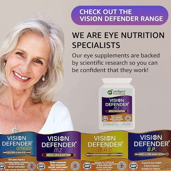 Vision Defender Meso Zeaxanthin Vegan Eye Supplement MZ- Protect and Improve Ocular Health &amp Eye Care High Strength Antioxidant Carotenoid Meso-Zeaxanthin for Eyes (90 Capsules/One Daily) Made in