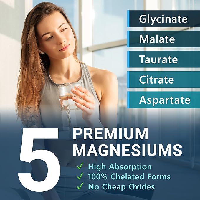 MyoActivo 5-in-1 Magnesium Complex - High Absorption - Chelated Magnesium Glycinate Malate Citrate Taurate &amp Aspartate for Nerves Muscles Bones | 120 Capsules | Magnesium Supplement