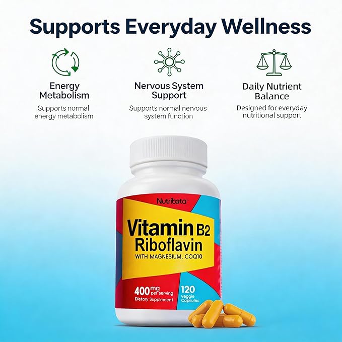 Vitamin B2 Riboflavin 400mg with Magnesium &amp CoQ10 High Potency Vitamin B2 Supplement for Energy Metabolism &amp Daily Wellness 120 Veggie Capsules 60 Day Supply