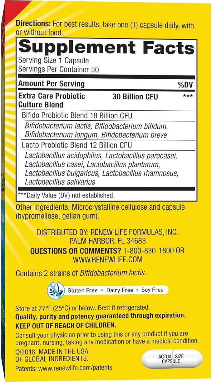 Renew Life Extra Care Ultimate Flora Probiotic Supplement 30 Billion 50 Vegetarian Capsules