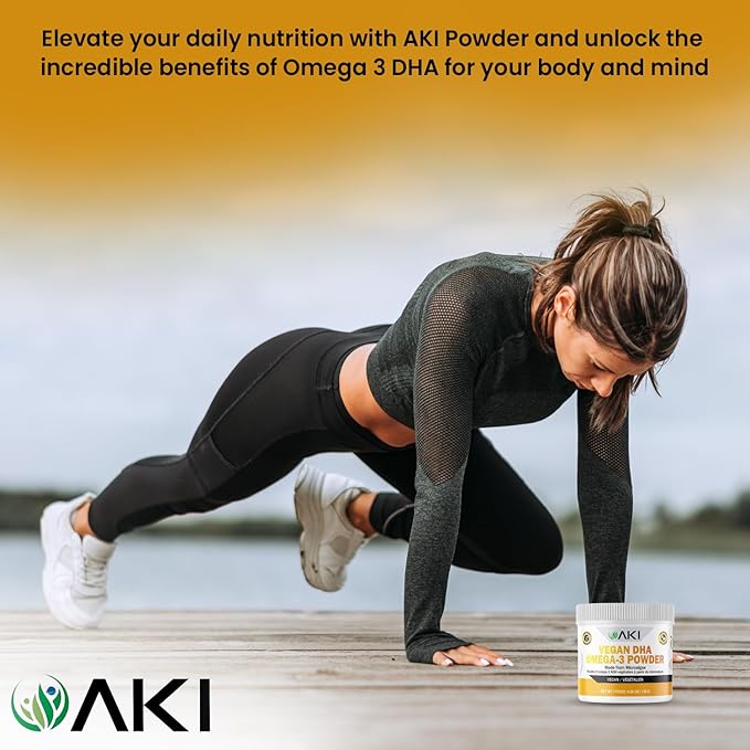 AKI Omega 3 DHA Micro Algae Powder Supplements - Plant Based Keto Vitamin - Alternative to Fish or Krill Oil - Vegan &amp Non-GMO (4.58oz/130g)