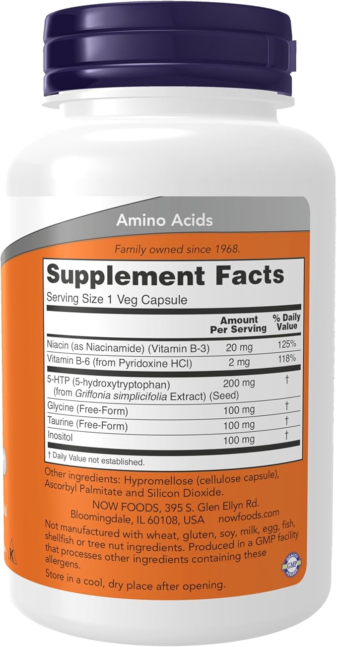 NOW Supplements 5-HTP (5-hydroxytryptophan) 200 mg Double Strength Neurotransmitter Support* 120 Veg Capsules