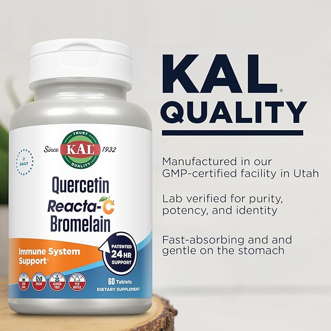 KAL Quercetin Reacta-C Bromelain Immune Support Supplement 24 Hour Immune Defense with Bioflavonoids Vitamin C 1000mg and Quercetin 500mg Vegan Gluten Free 60-Day Guarantee 30 Serv 60 Tablets