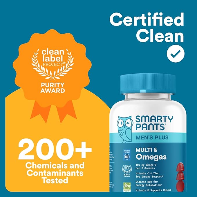 SmartyPants Men's Multivitamin Gummies with Omega 3 DHA/EPA Methylfolate Vitamin D3 C B12 B6 A K Zinc Raspberry Lemonade Flavor 90 Count (30 Day Supply)
