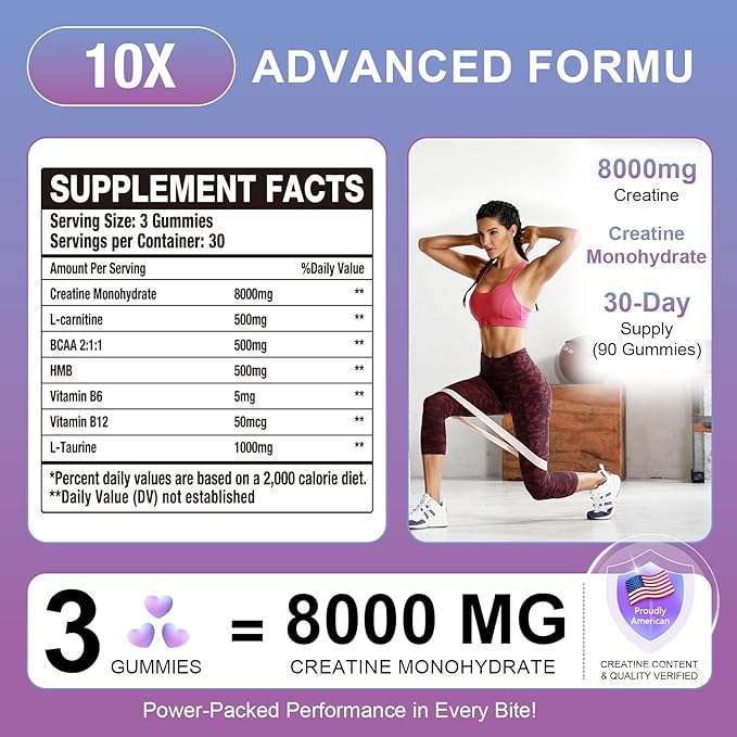 2 Pack 8000MG Creatine HMB Monohydrate Gummies with L-Taurine &amp L-carnitineMuscle BoostingEnergy BoostingVitamin B12 Men &amp Women180 Blueberry Flavored Fudge60 Days Supply