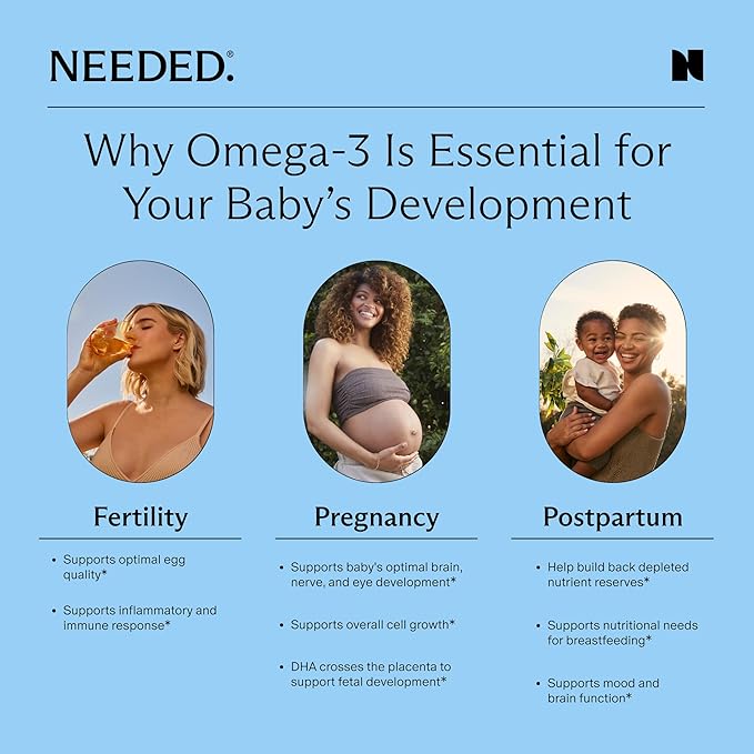 Needed. Prenatal Omega-3 - High Potency Dose of Sustainably Sourced Fish Oil Bergamot Flavor 1000mg DHA 1000mg EPA Encased in a Gelatin-Free Plant-Based Softgel Shell 30-Day Supply