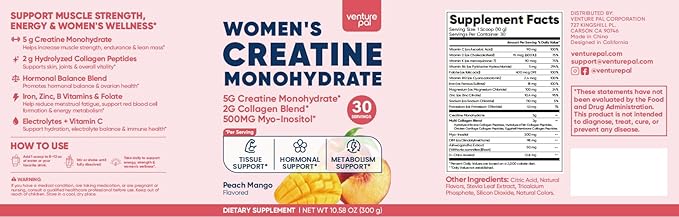 Venture Pal Creatine for Women – Hormone Balance &amp Energy Support Improves Muscle Strength Endurance &amp Recovery Collagen Complex for Skin &amp Joint Health Sugar-Free 30 Servings Mango P