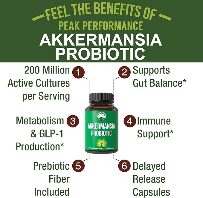 Peak Performance Akkermansia Probiotic to Increase GLP-1 Production - Ultra High Strength Akkermansia Muciniphila Live Strain with Prebiotic Fiber for Gut Health - Delayed Release 3rd Party Tested
