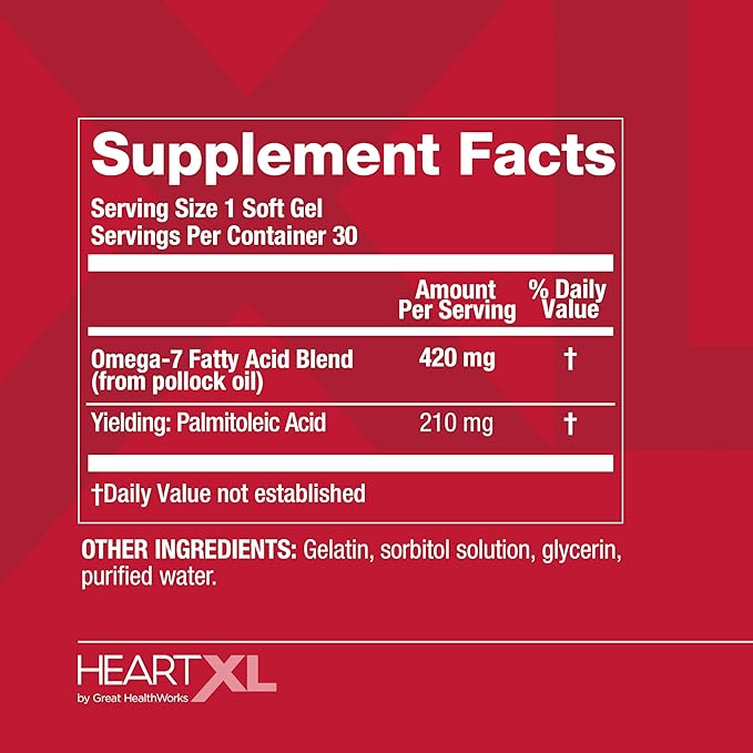 HeartXL Omega-7 Blend Cardiovascular Health Support - Promotes Healthy Metabolism - Gluten-Free Heart Health Supplement - 30 Soft Gels