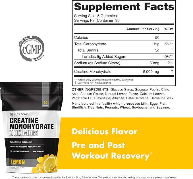 NutraOne Creatine Monohydrate Gummies Pre- and Post Workout Recovery Fuel Muscular Performance Increase Endurance Support Muscle Recovery