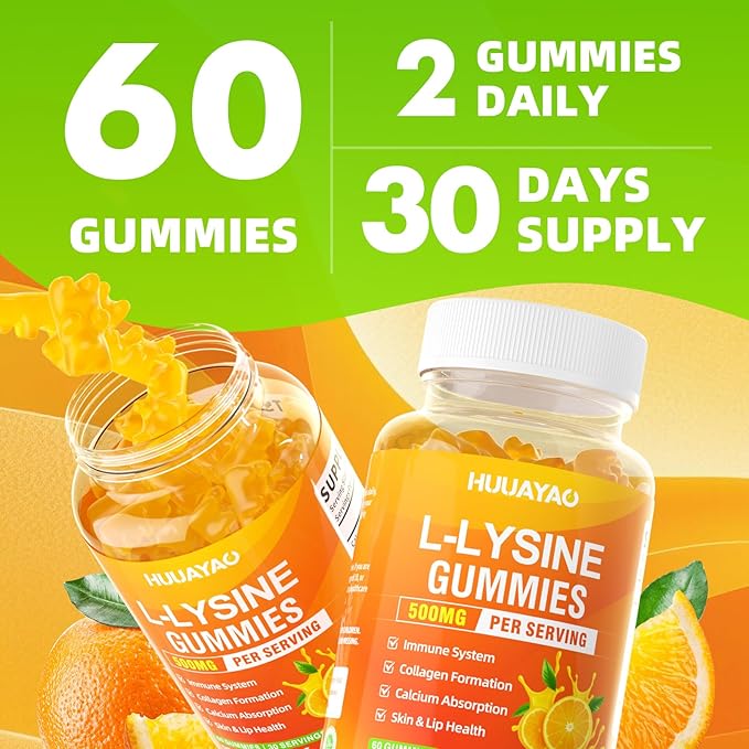 L-Lysine Gummies 500mg Lysine Gummies Supplement for Immune Support &amp Skin Health Collagen Formation Support Vegan Gluten Free Chewable Supplement for Adults &amp Kids Orange Flavor 120 Cou