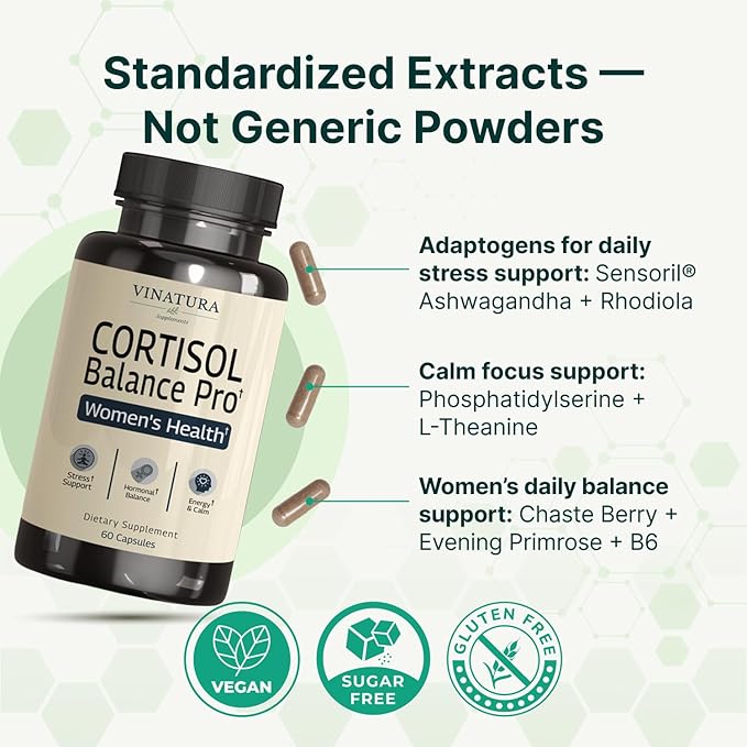 VINATURA Cortisol Supplements for Women - Cortisol Detox and Management - Adrenal Support Stress Support 60 Vegan Capsules