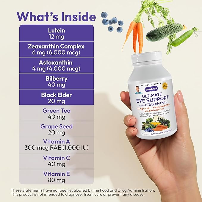 ANDREW LESSMAN Ultimate Eye Support with Astaxanthin 60 Softgels - 12mg Lutein 6mg Zeaxanthin 4mg Astaxanthin Bilberry. Key Nutrients to Support Eye Health Promote Healthy Vision. No Additives