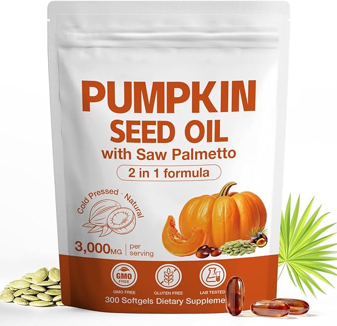 3000mg Max Strength Pumpkin Seed Oil + Saw Palmetto Capsules (300 Softgels) - Cold-Pressed Blend Supports Hair Growth Prostate Health &amp Urinary Tract Bladder Support Immune Boost Non-GMO