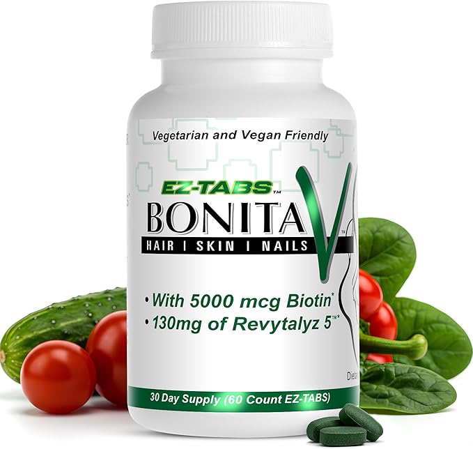 Essential Source Bonita V - Hair Skin &amp Nails Vitamins for Women and Men - 20 Active Ingredients with 5000 mcg Biotin - Revytalyz 5 Collagen Support Blend - Easy-Swallow Vegan Tablets (60 EZ-TAB)