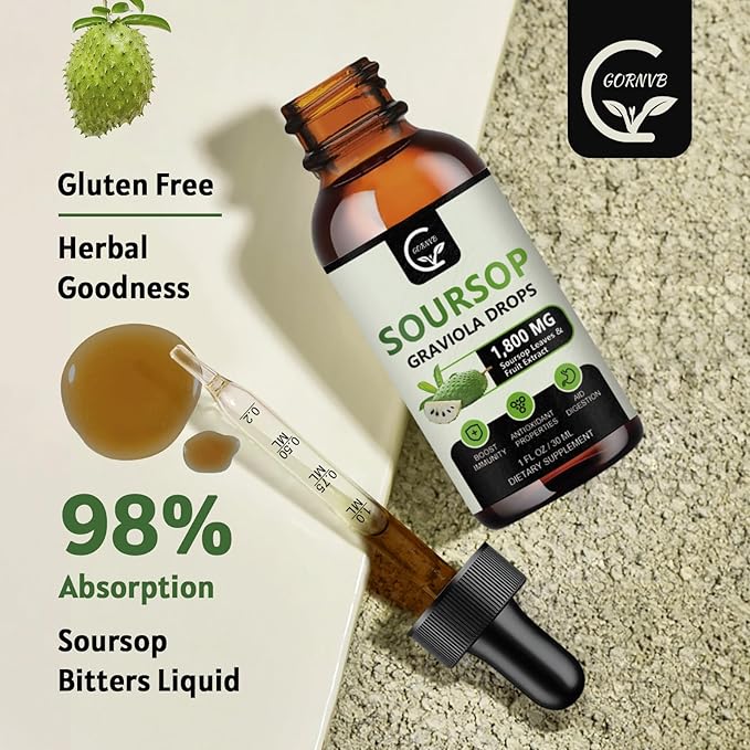 (2 Pack) Soursop Graviola Liquid Drops 1800mg 98% Absorption Soursop Bitters Liquid for Cell Support &amp Regeneration Immune Boost Relax Liver and Sleep Herbal Goodness Gluten Free 1 Fl Oz