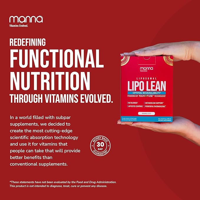 Manna Vitamins Evolved Liposomal Lipo Lean Thermogenic Metabolism Support Cravings Management Weight Loss Support for Women Men Liposomal Absorption 3500mg CLA Carnitine Green Tea 30 Packets