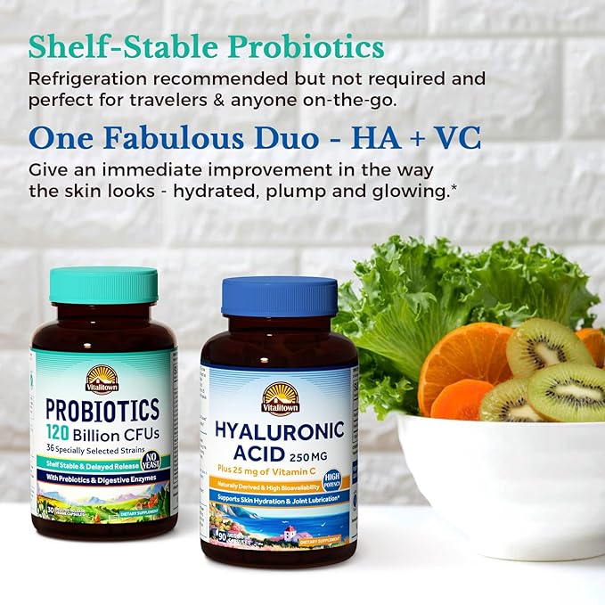 Vitalitown Gut-Skin Bundle (Pack of 2) | Probiotics 120 Billion CFUs (Item 1) &amp Hyaluronic Acid (Item 2) | 30 + 90 Capsules