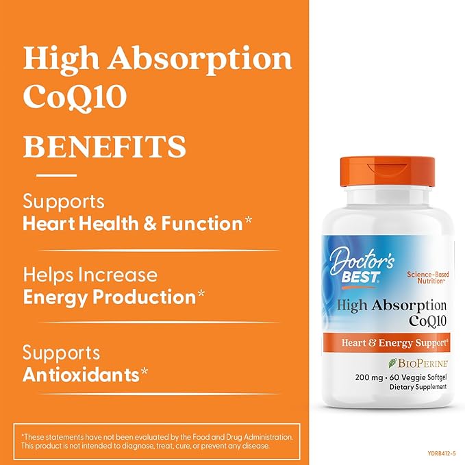 Doctor's Best High Absorption CoQ10 200mg with BioPerine Supplement - Coenzyme Q10 Softgels for Heart Health &amp Antioxidant Support CoQ10 200 mg for Women &amp Men Non GMO - 60 Veg Softgels