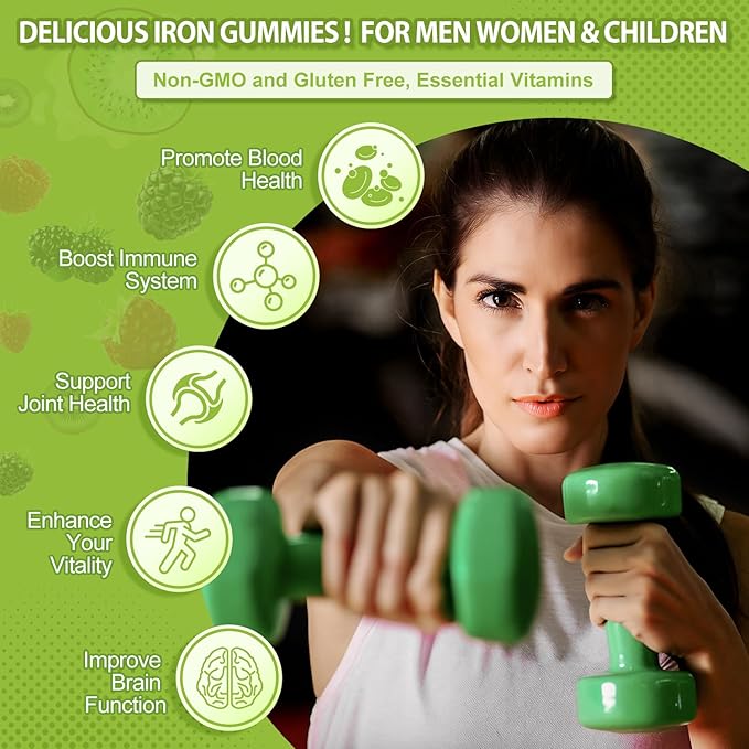 Iron Supplement for Women Men &amp Kids 65mg &amp Vitamin C 250mg per Serving with B6 B12 Folate- Energy Support for Iron Deficiency Anemia Vegan GummyRaspberry Kiwi &amp BlackBerry Flavor 60