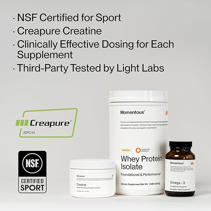Momentous Three - Creatine Monohydrate Powder (90 Servings) Grass-Fed Whey Protein Powder (Vanilla) &amp Omega-3 Fish Oil 1600mg - Daily Essentials for Strength Performance &amp Lean Muscle Recove