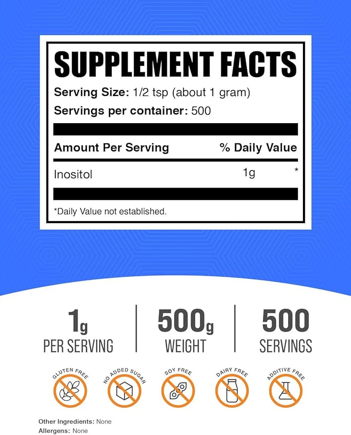 BulkSupplements.com Inositol Powder - Inositol Supplement Vitamin B8 Supplement - Unflavored &amp Gluten Free 1g per Serving 500g (1.1 lbs) (Pack of 1)