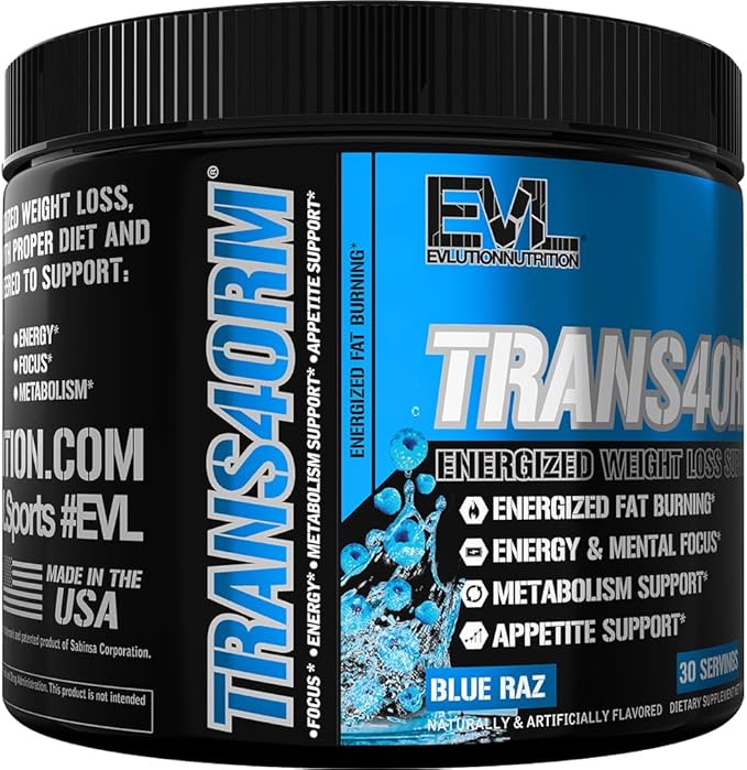 Evlution Thermogenic Fat Burning Support Powder Nutrition Trans4orm Fast Acting Energy Powder to Support Fast Metabolism Weight Loss and Mental Focus with CLA Carnitine and Alpha GPC - Blue Raz