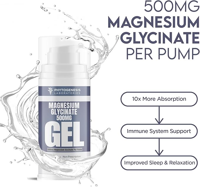 Topical Magnesium Glycinate Gel – 500mg Per Pump – High Absorption Transdermal Formula – Soothes Muscles - Supports Relaxation &amp Sleep – 4oz