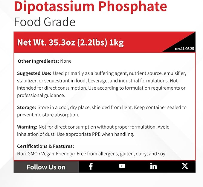 Dipotassium Phosphate DKP Food Grade Granular - 1 kg (2.2 lb) - FG Buffering Agent &amp Emulsifying Salt - K2HPO4 - Bulk Ingredient