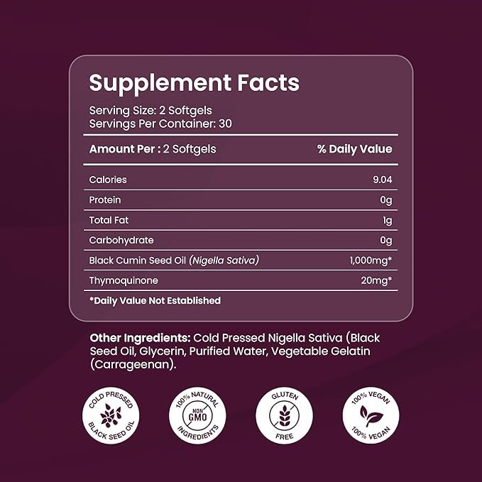 ORGANICS NATURE Black Seed Oil Capsules – 60 Cold Pressed Softgels - Immunity Support Black Cumin Seed Oil High Thymoquinone Non-GMO &amp Vegan Nigella Sativa Omega 3 6 9 1000MG Per Serving