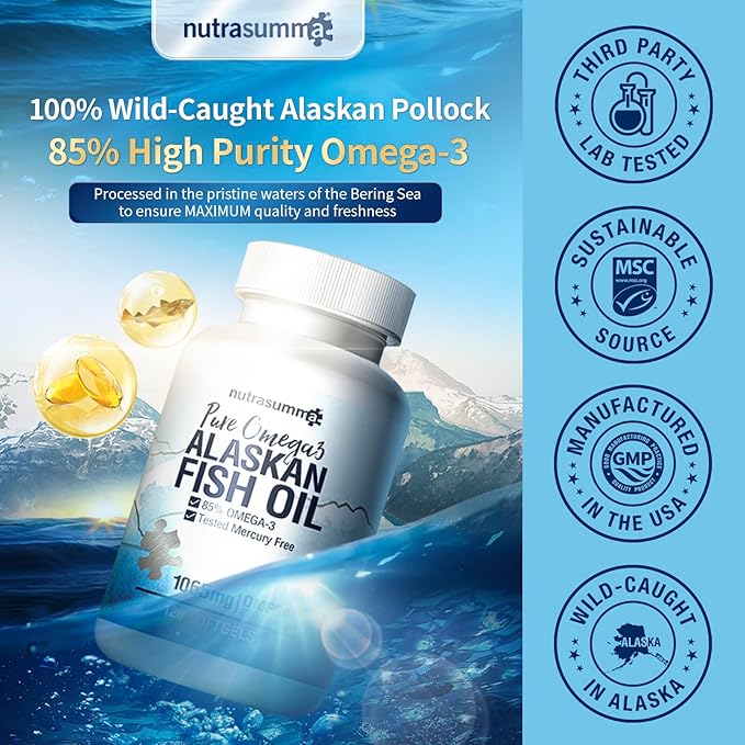 Nutrasumma High Purified Omega 3 Supplement Wild Alaskan Fish Oil Burpless &amp No Fishy Taste 650mg EPA &amp270mg DHA of 1250mg Fish Oil softgels Gluten Free Heart Brain&amp Immune Support 60