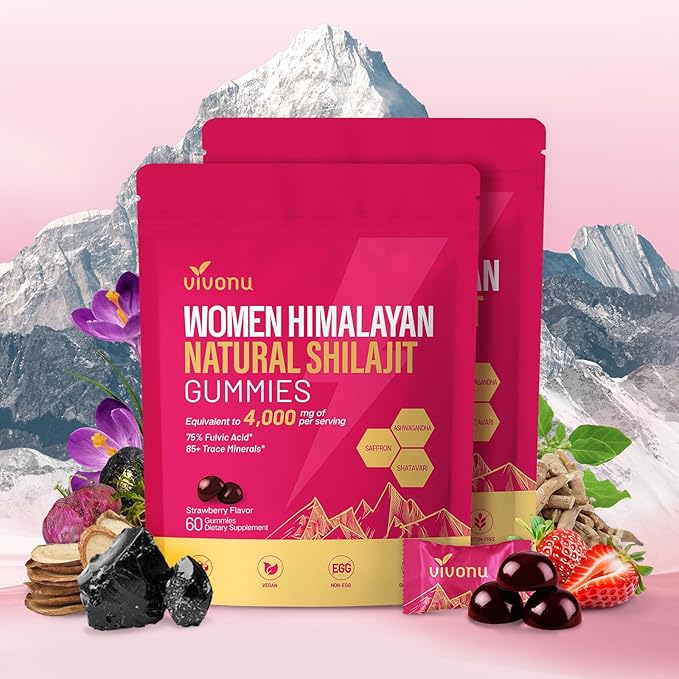 VivoNu Himalayan* Shilajit* Gummies with Ashwagandha* &amp Gokshura | 85+ Trace Minerals &amp Fulvic Acid | Organic Micronutrient Supplement for Men &amp Women (Women 4000mg / 2 Bag)