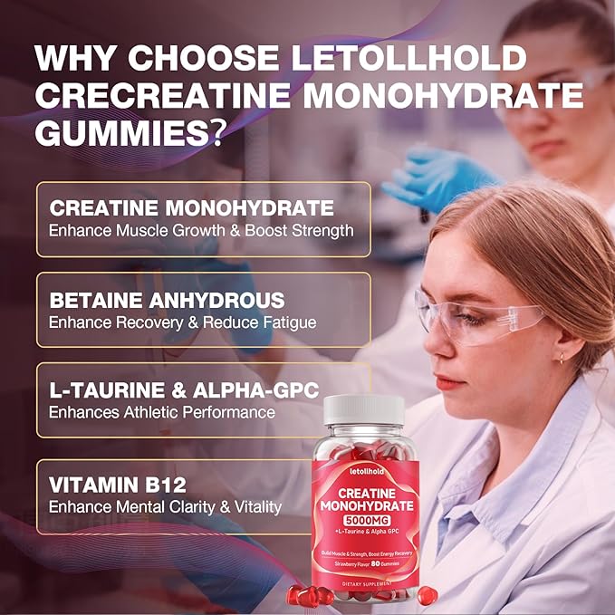 2-Pack Creatine Gummies for Women＆Men - 5g Creatine Monohydrate Gummies With L-Taurine &amp Alpha Gpc for Boost Focus Endurance Strength and Muscle Growth - Vegan Non-GMO (Strawberry 160 ct)