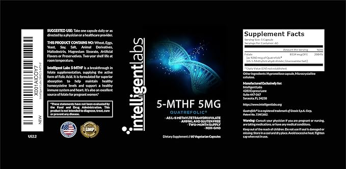 Intelligent Labs 5-MTHF L-5 Methylfolate Supplement Activated Folic Acid Supplement as Quatrefolic - Methyl Folate for MTHFR 120 Capsules - 60 Days Supply 5mg = 5000mcg Methylfolate