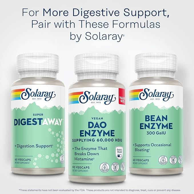 SOLARAY DAO Enzyme - Breaks Down Histamine - 60000 HDU - Vegan Gluten Free Lab Verified - 90 Servings 90 VegCaps