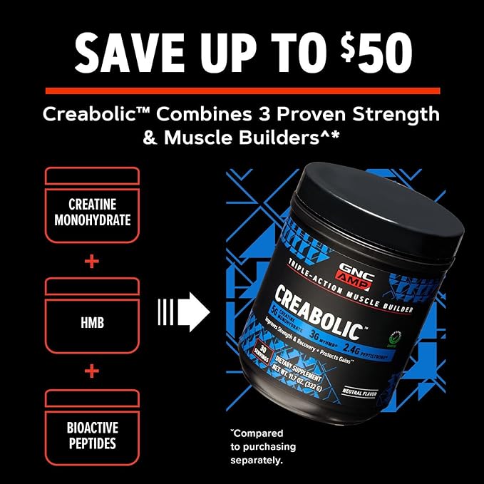 GNC AMP Creabolic - Creatine Monohydrate Powder - High-Potency 5g Creatine with HMB &amp PeptiStrong - Triple Action Muscle Formula - No Added Sugars - Unflavored - 30 Servings