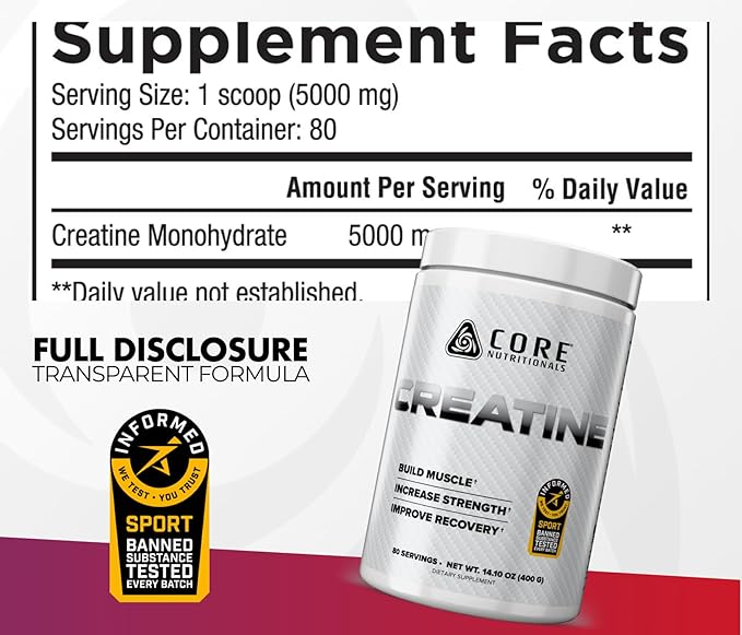 Core Nutritionals Creatine Monohydrate | Increase Strength Build Muscle Improve Recovery | 5g Creatine | 80 Servings (Unflavored)