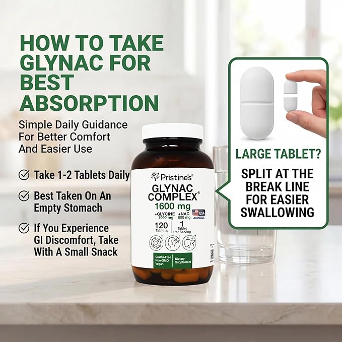 GlyNAC Supplement Complex Large Size Tablet 1600MG Glutathione Production - 3rd Party Tested Healthy Aging &amp Cognitive Support - Glycine &amp NAC Gluten Free Non GMO USA Made Glass Bottle