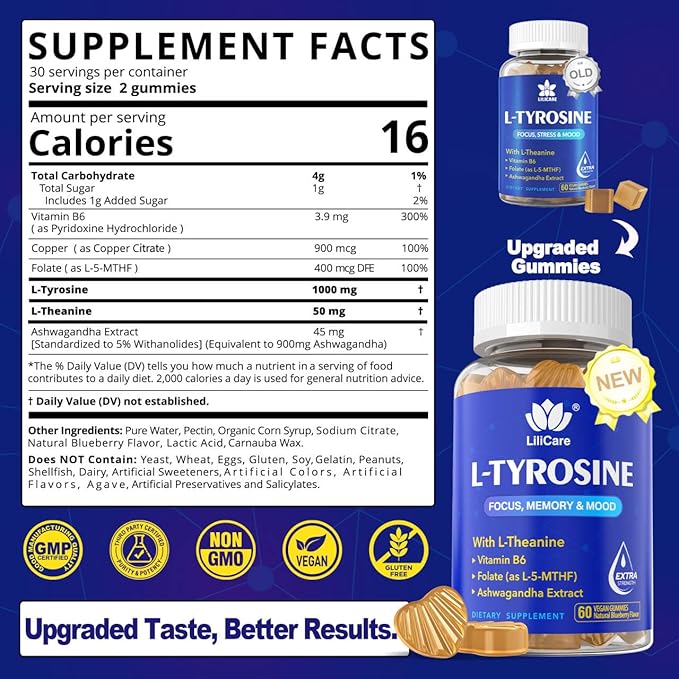 L Tyrosine Calm &amp Focus Supplement Gummies 1100mg for Adults L-Tyrosine Brain Supplement Gummies w/ L-Theanine Ashwagandha Vitamin B6 &amp B9 Supplements for Memory Mood Relax Energy -Vegan