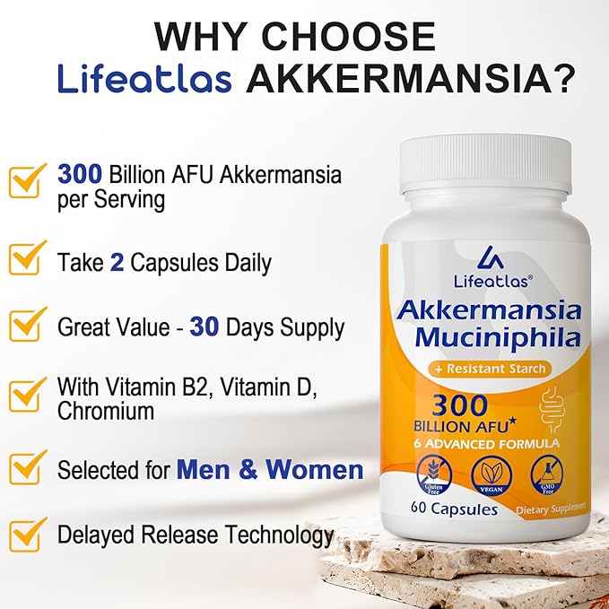 Lifeatlas Akkermansia Supplement Probiotic | Akkermansia with 300 Billion AFU Akkermansia Probiotic 6-in-1 Akkermansia Probiotics for Women and Men Daily Akkermansia Supplement 240 Caps