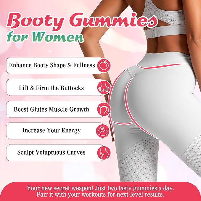 BBL Booty Gummies for Women – Sculpt Lift &amp Firm Glutes – Creatine Monohydrate Vitamins &amp Herbal BBL Blend - Boost Curves Energy &amp Workout Recovery – Vegan Non-GMO 120 Cts
