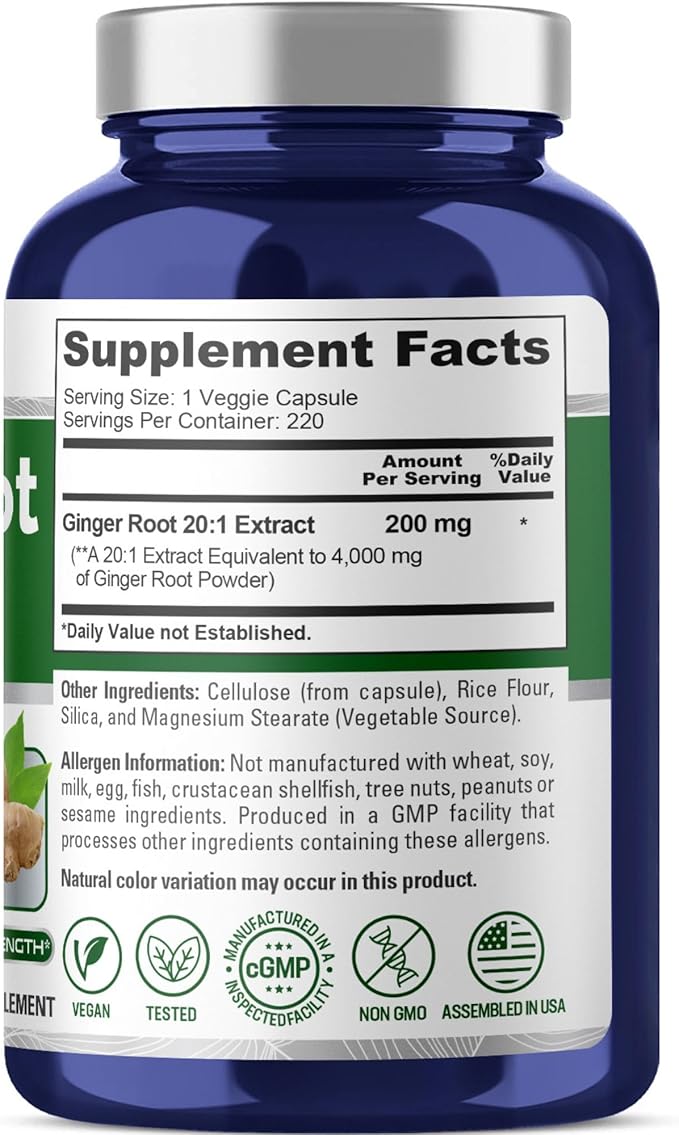 NusaPure Ginger Root Capsules 20:1 Extract 200 mg Equivalent to 4000mg per Veggie Caps | 220 Count | Non-GMO (Pack of 2)