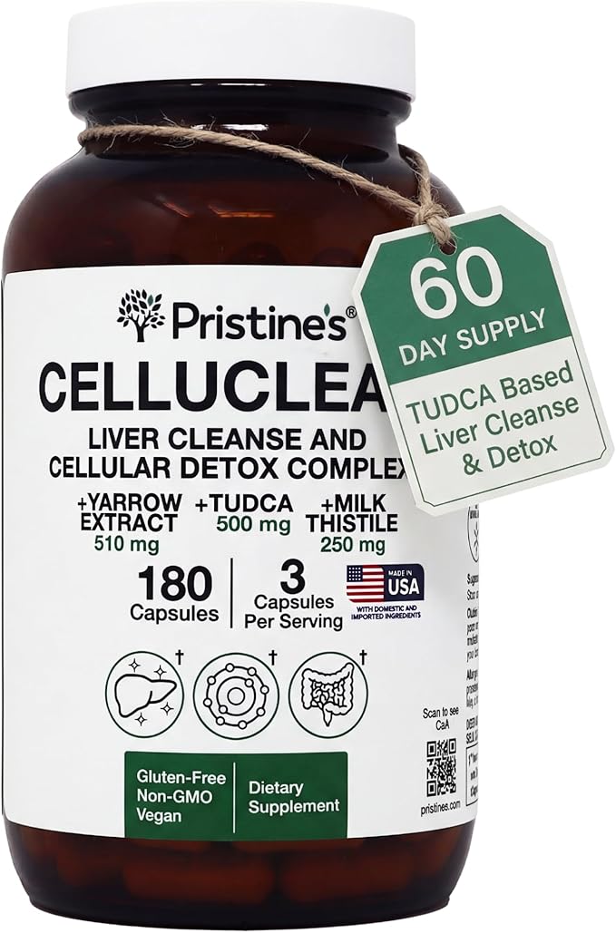 PRISTINE'S CelluClean Liver Cleanse and Detox Complex – TUDCA Yarrow Extract &amp Milk Thistle – 3rd Party Tested Non-GMO Bile Salts Remover – Vegan GMP Facility Made in USA Glass Bottle