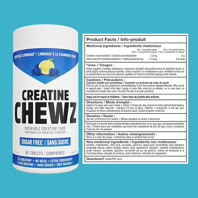 PVL Creatine Chewz – Sugar-Free Chewable Creatine Tablets for On-The-Go Use – 5g Creatine Monohydrate Per Day – Pre Workout &amp Post Workout Protein Support – 80 Tablets – Blue Razz Lemonade