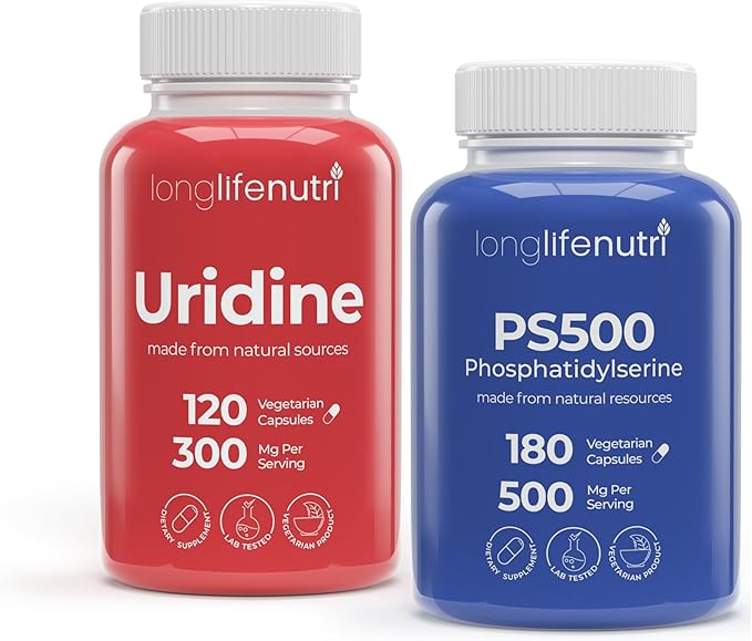 LongLifeNutri Uridine Monophosphate 300 mg &amp Phosphatidylserine 500 mg Bundle – 120 + 180 Veg Caps 4 &amp 3 Month Supplies Nucleotide &amp Phospholipid Support Non-GMO GMP Certified Made in