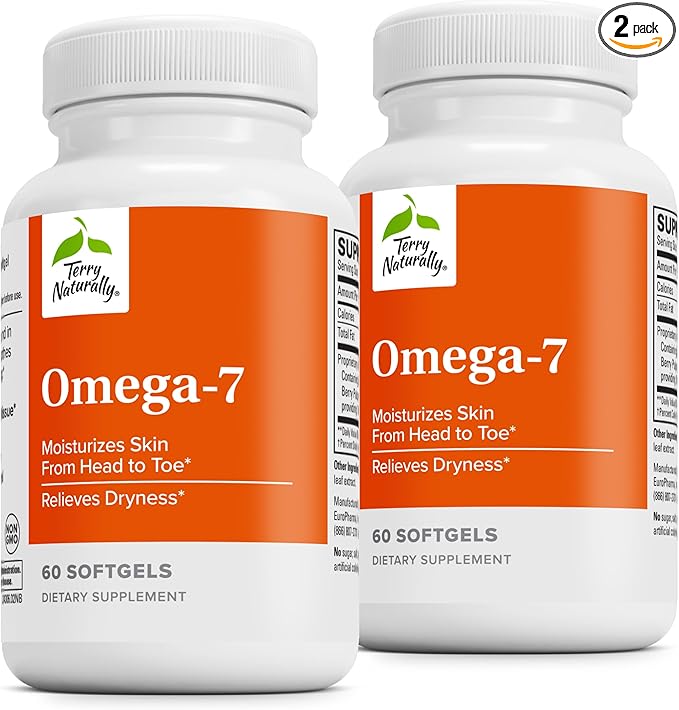 Terry Naturally Omega-7 - Dietary Supplement with Essential Fatty Acids - Nutritional Supplement to Support Skin Health with Sea Buckthorn Berry Pulp &amp Seed Oil - 60 Softgels (Pack of 2)