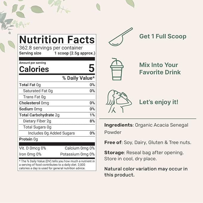 Micro Ingredients Organic Acacia Senegal Fiber Powder 2 lb | Instant Soluble Fiber | Plant-Based Prebiotic for Gut &amp Digestive Health | Non-GMO Gluten-Free Vegan
