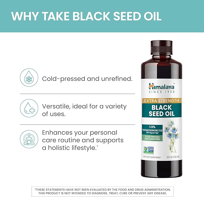 Himalaya Extra Strength Black Seed Oil Cold-Pressed &amp Unrefined 1.5% Thymoquinone (69 mg per TSP) 8 oz